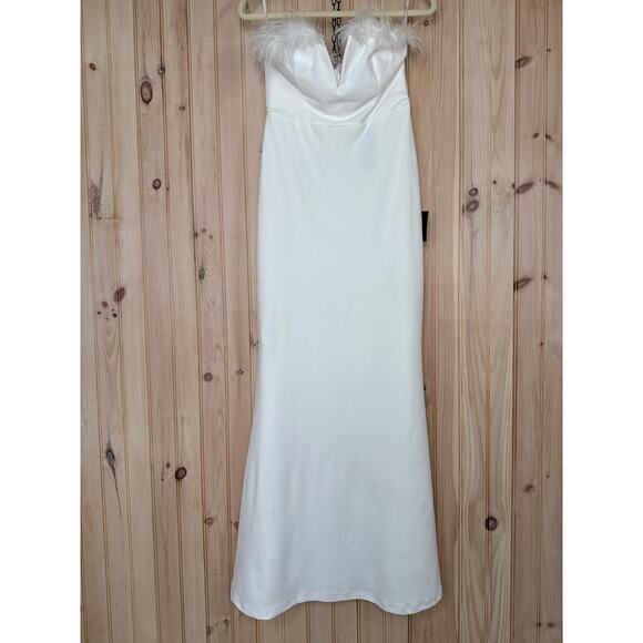 NWT Lulus Extraordinary Glam White Feather Strapless Mermaid Maxi Dress Bride L - Picture 2 of 10